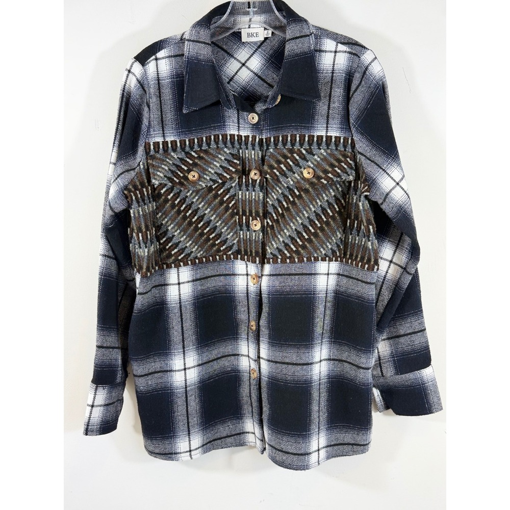 BKE Mixed Media Plaid Shacket Women's Oversized S Black Brown Boho Western